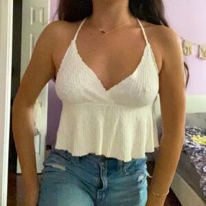 Urban Outfitters White Babydoll Crop Ruffle Ribbed Tank Top Coquette Medium
